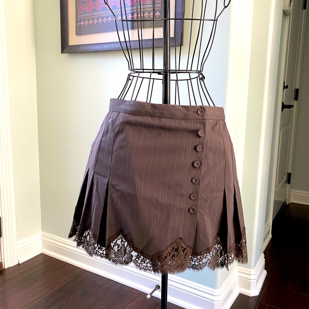 Y2K NWOT Rebecca Taylor Mini Brown Pinstripe Lace Skirt 8
